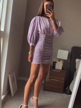 Zara Gingham Mini Dress Purple Med NWT Ruched Puff Sleeve Blogger Favorite
